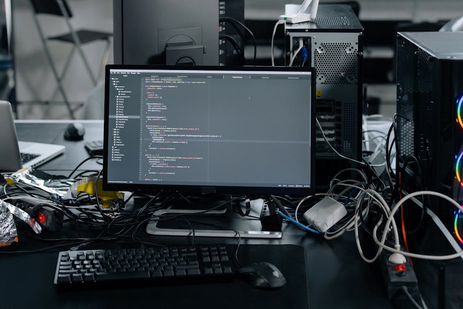 The image depicts a cluttered workspace featuring a computer monitor displaying lines of code, suggesting programming or software development activity. Surrounding the monitor are various computer com